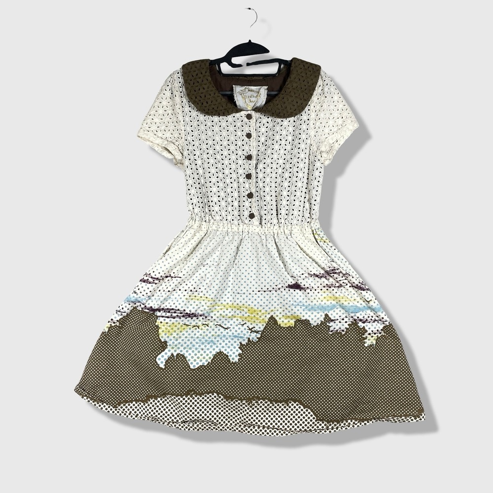 Knitted Dove Eyelet Fit & Flare Dress Womens Small White Brown Cottagecore Knit